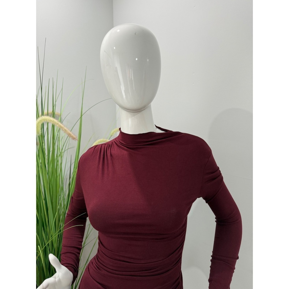 Commense Burgundy Ruched Long Sleeve Top Mock Neck Fitted Blouse size XS - Picture 4 of 8